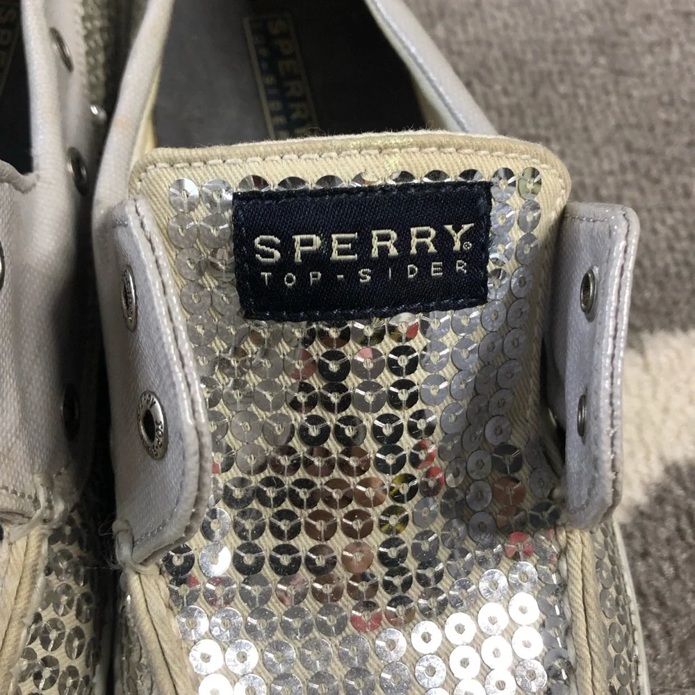 Sperry Loafers Womens 8.5 Topsider Silver Sequin Lace Up Shoes